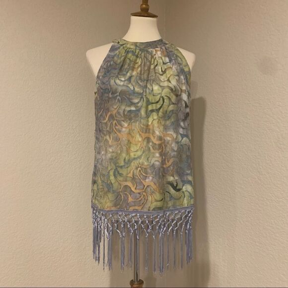Sleeveless Lime & Periwinkle Tassel Burn Out Top S - Picture 1 of 12